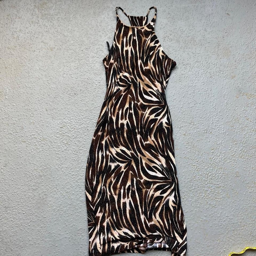 VTG Y2K Charlotte‎ Ruse paper tag Medium Midi Dress animal print gold metallic